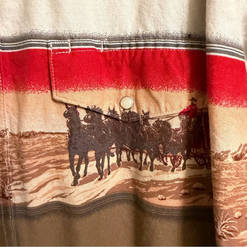 Vintage 90s Wrangler Western Pearl Snap Horse Wagon Print Shirt XL Cowboy Ranch - Picture 9 of 11